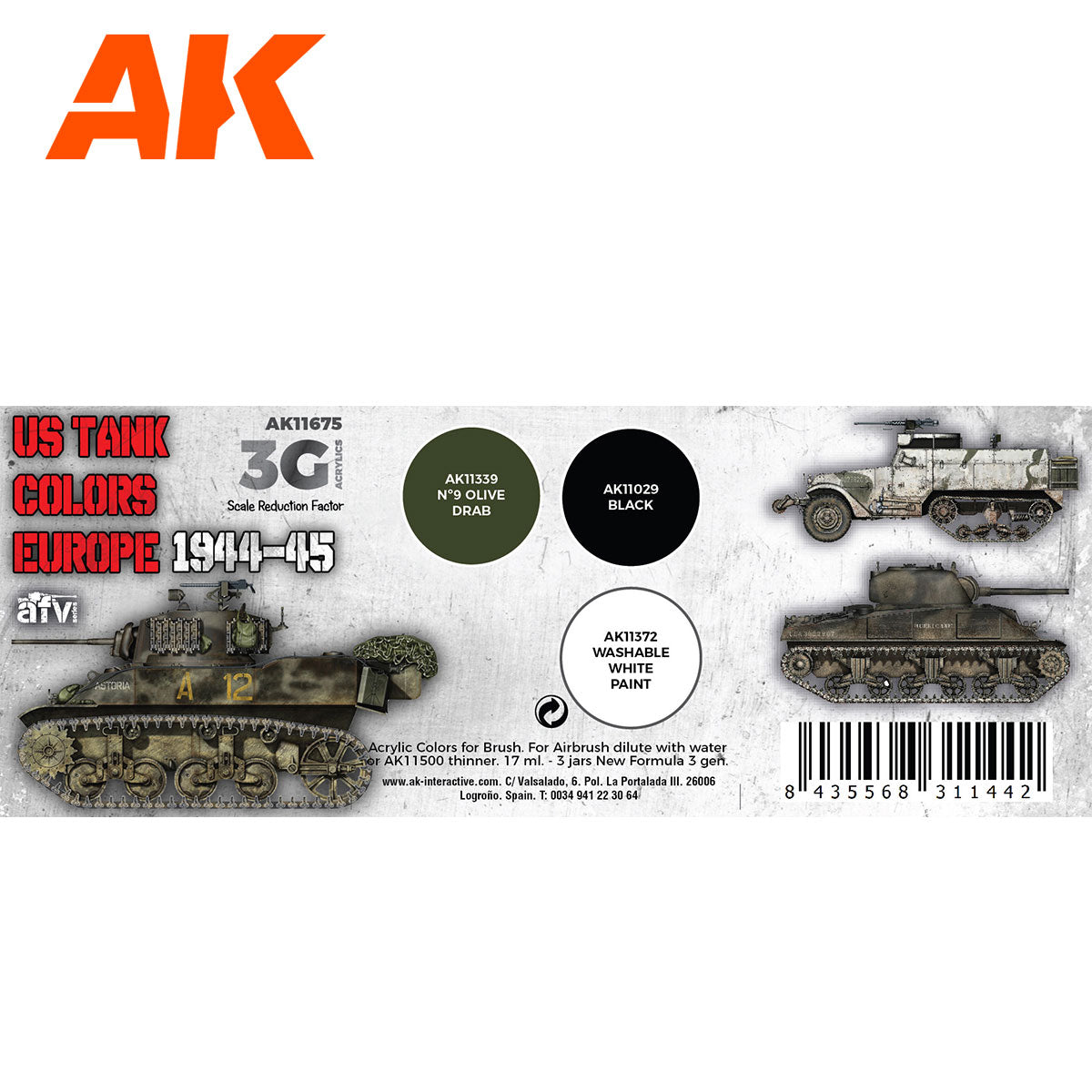 US Tank Colors Europe 1944-45 AK11675 zawartość zestawu 3G - AK11339 Nº9 Olive Drab, AK11029 Black, AK11372 Washable White Paint - AK Interactive