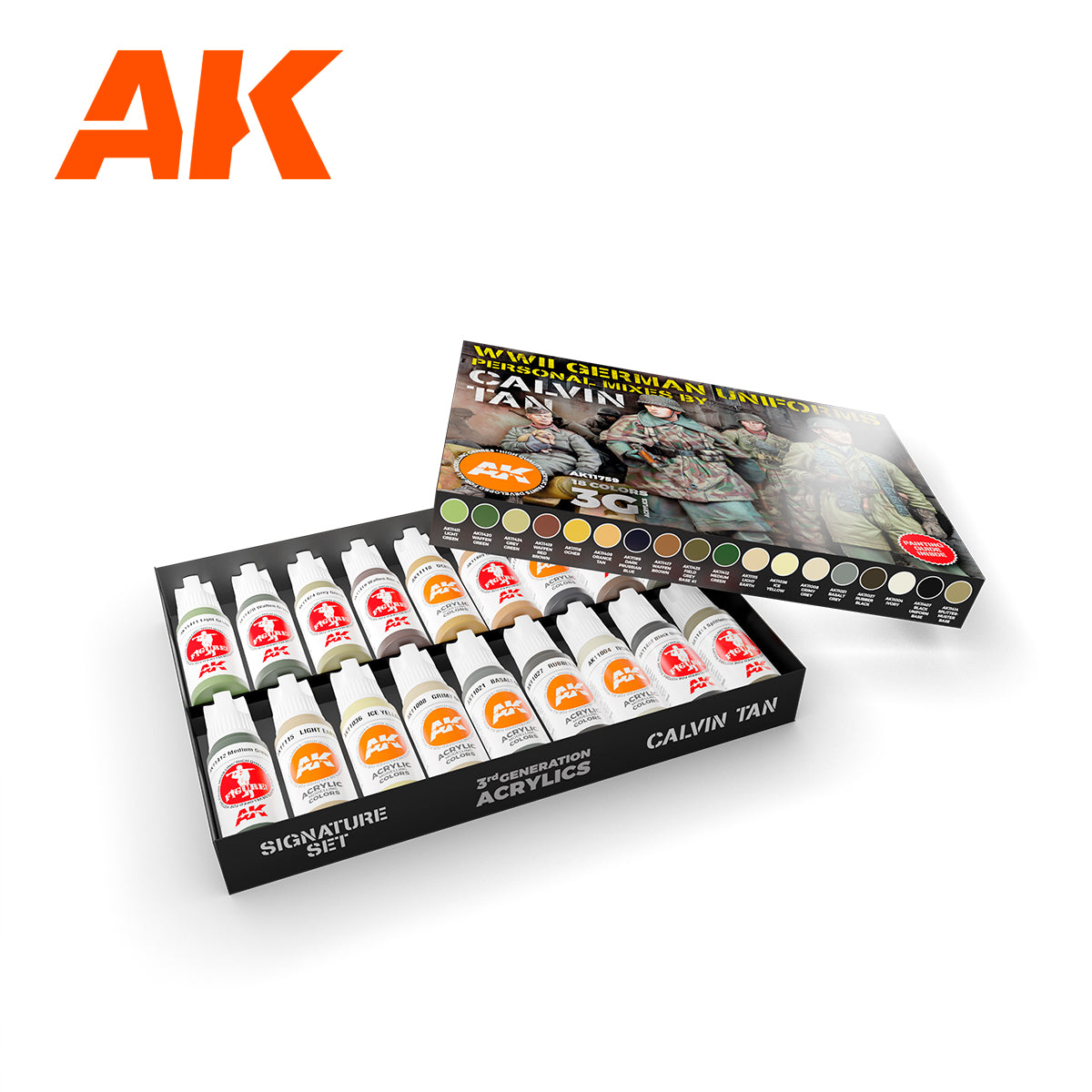 Zestaw Farb Signature Set Calvin Tan Personal Mixes Set AK11759 - zawartość zestawu 18 butelek farb 3G Acrylics - AK Interactive