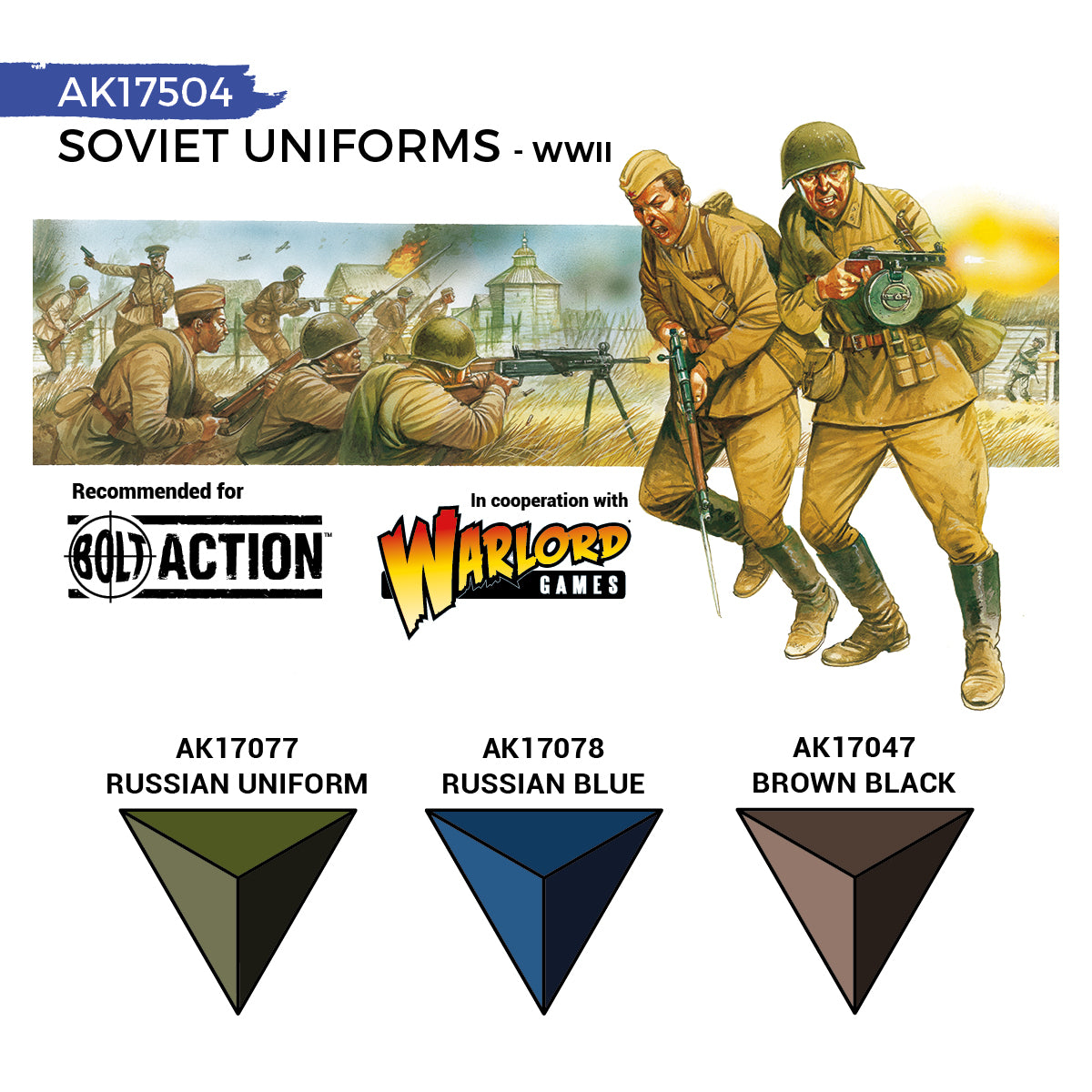 Soviet WWII Uniforms AK17504 zawartość zestawu - AK17077 Russian Uniform, AK17078 Russian Blue, AK17047 Brown Black - AK Interactive