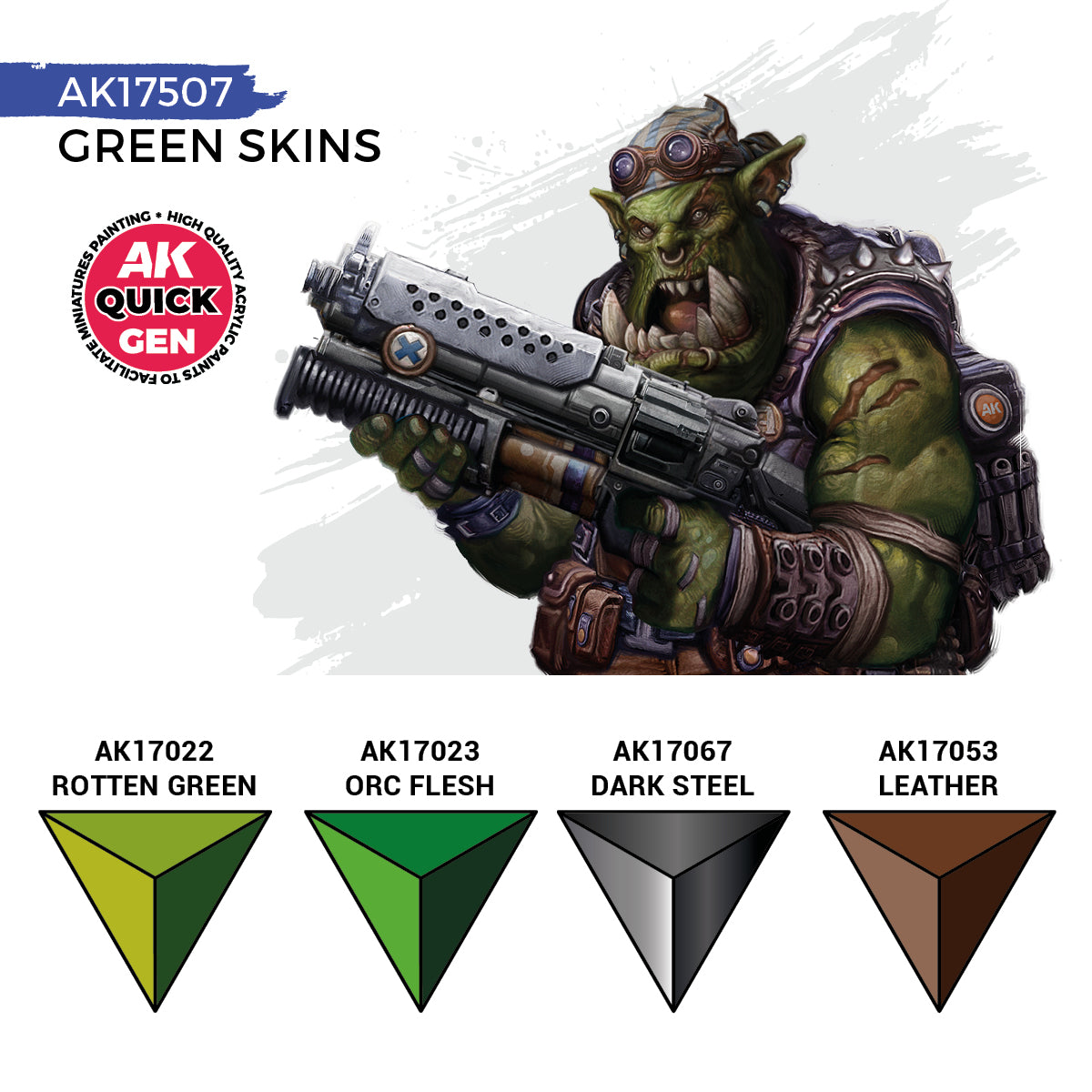 Green Skins AK17507 zawartość zestawu - AK17022 Rotten Green, AK17023 Orc Flesh, AK17067 Dark Steel, AK17053 Leather - AK Interactive