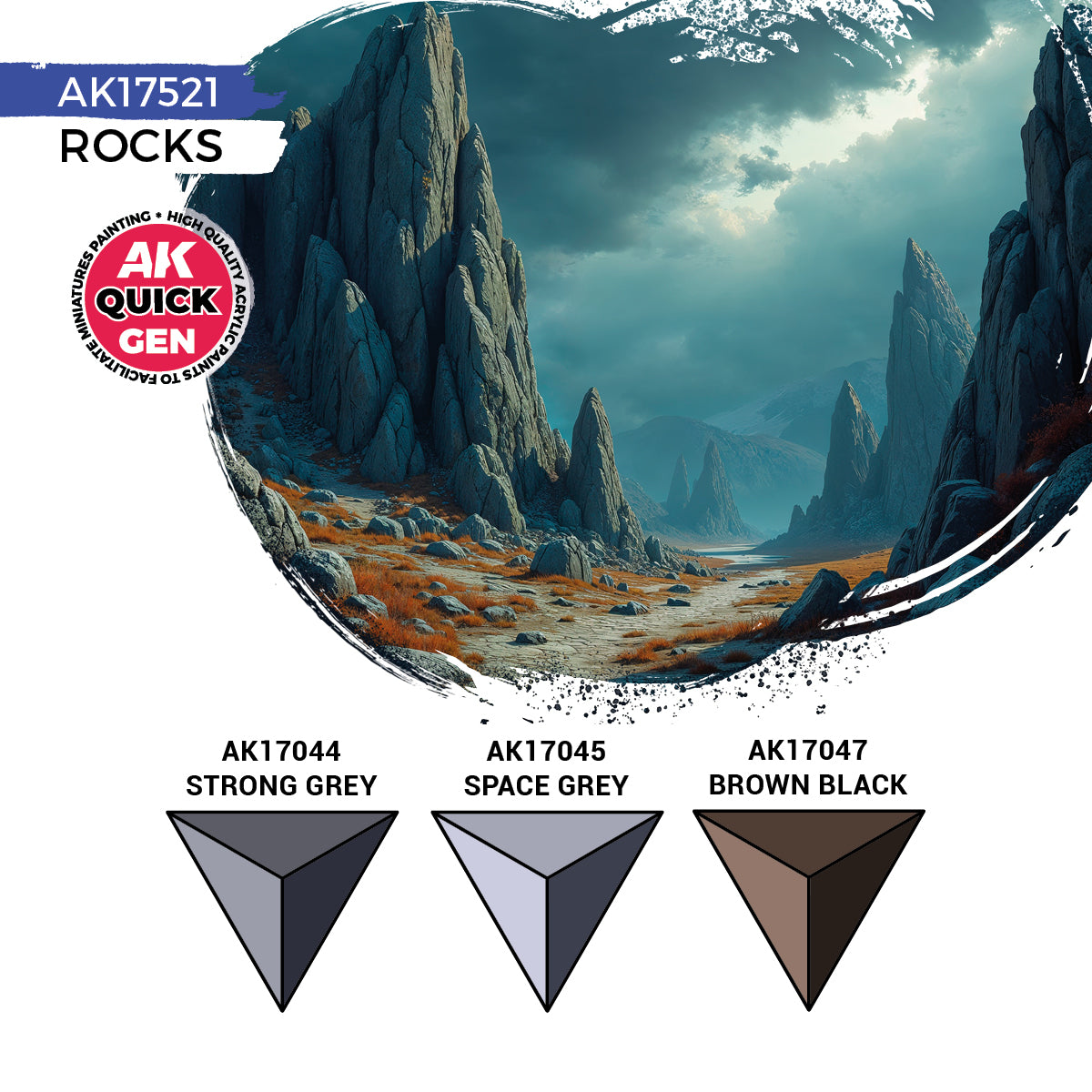 Rocks AK17521 zawartość zestawu - AK17044 Strong Grey, AK17045 Space Grey, AK17047 Brown Black - AK Interactive