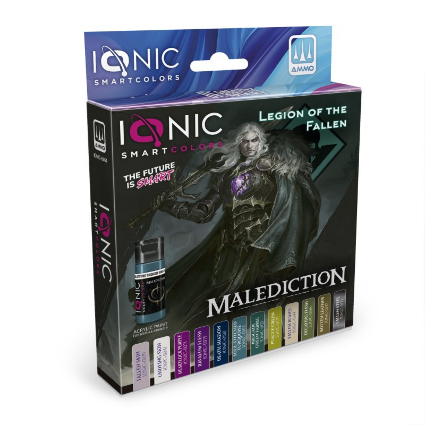 AMMO IONIC Malediction Legion of the Fallen Set – pudełko z 12 farbami akrylowymi IONIC Smart Colors z grafiką mrocznego rycerza z fioletową kulą energii, logo AMMO i Malediction, pasek kolorów na dole