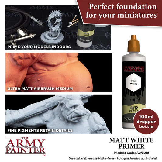 Warpaints Air Matt White Primer The Army Painter - zastosowanie do aerografu, idealne krycie i zachowanie detali figurek