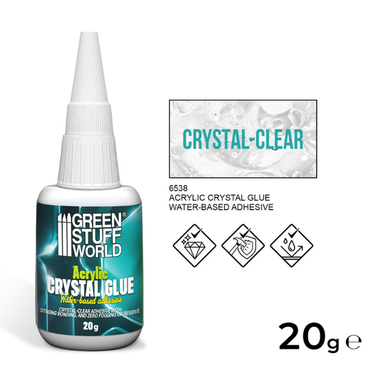 Green Stuff World Acrylic Crystal Glue 20g – infografika: kryształowo przezroczysty, mocne wiązanie, zero mgły i pozostałości, butelka 20g z aplikatorem, nr ref. 6538