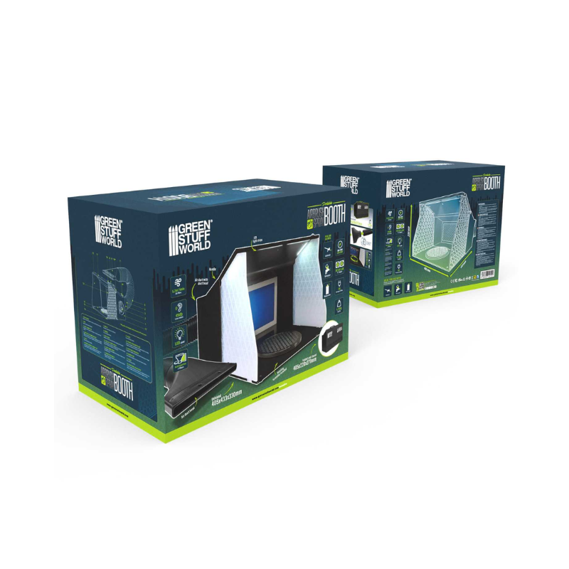 Green Stuff World Portable Airbrush Spray Booth 6652 – dwa pudełka produktu na białym tle, widok z przodu i z boku