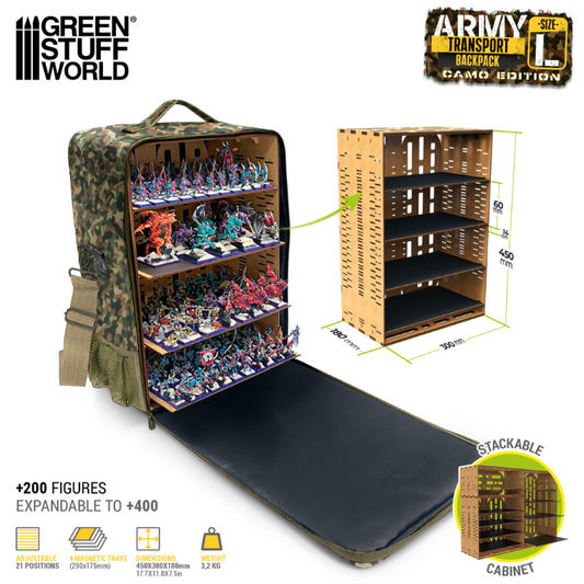 Army Transport Backpack L Camouflage Edition – otwarty plecak z 200+ figurkami na 4 tacach MDF, szafka 450x300x180mm, 21 pozycji regulacji, waga 3,2kg