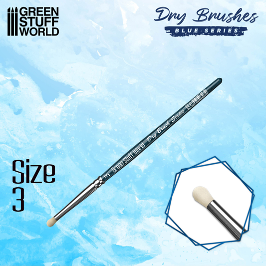 Green Stuff World Blue Series Dry Brush Size 3 – pędzel na niebieskim tle z logo GSW i Dry Brushes Blue Series, rozmiar Size 3, biała zaokrąglona końcówka 8mm, wstawka z zbliżeniem końcówki