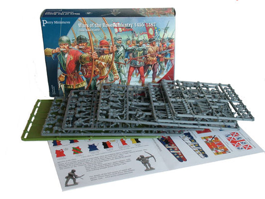 Wars of the Roses Infantry Perry Miniatures – zawartość pudełka: wypraski z figurkami łuczników i piechurów z billami, 28mm