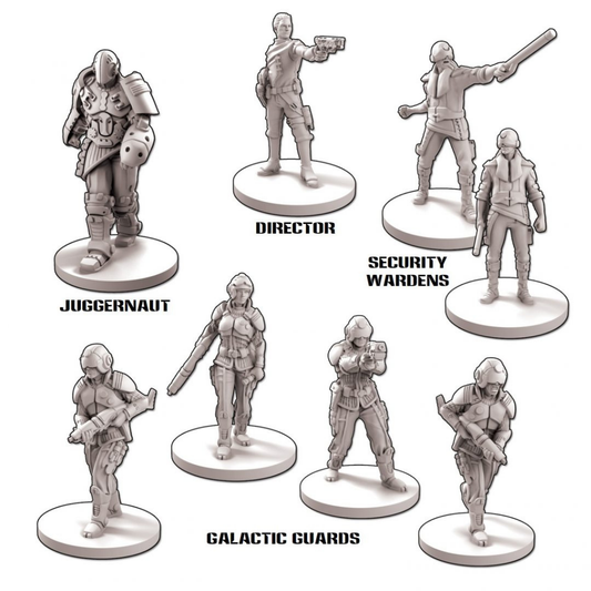 Core Space Galactic Corps – 8 figurek: Juggernaut, Director, 2 Security Wardens, 4 Galactic Guards na białym tle