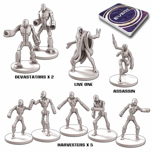 Core Space Purge Reinforcements – 10 niebielonych figurek: 2 Devastatory, Live One, Assassin, 5 Harvesterów oraz talia Event Cards na białym tle z podpisami