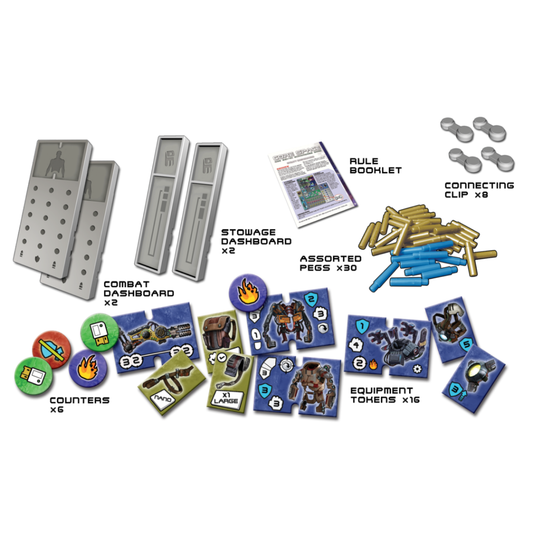 Core Space Utility Dashboards – pełna zawartość zestawu: 2 Combat Dashboard, 2 Stowage Dashboard, Rule Booklet, 8 Connecting Clips, 30 Assorted Pegs (złote i niebieskie), 6 Counters i 16 Equipment Tokens z egzoszkieletami i plecakami na białym tle z podpisami