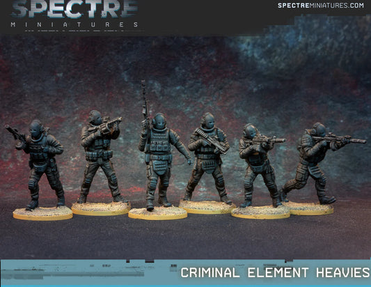 Criminal Element Heavies Spectre Miniatures – 6 uzbrojonych przestępców w czarnych kombinezonach z maskami balistycznymi, AK74 z bębnem, MGL i FAL, 28mm widok z przodu