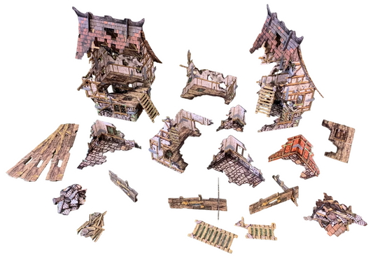 Village Ruins BSTFWE013 28-35mm Battle Systems - wszystkie 153 elementy rozłożone widok z góry zawartość zestawu