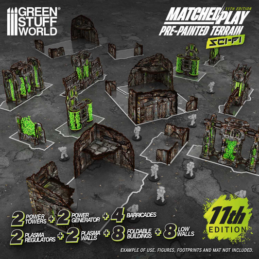 Green Stuff World Matched Play Pre-Painted Terrain 11th Edition – widok całego zestawu z góry: rozmieszczenie 28 elementów na stole z figurkami 28mm, układ turniejowy