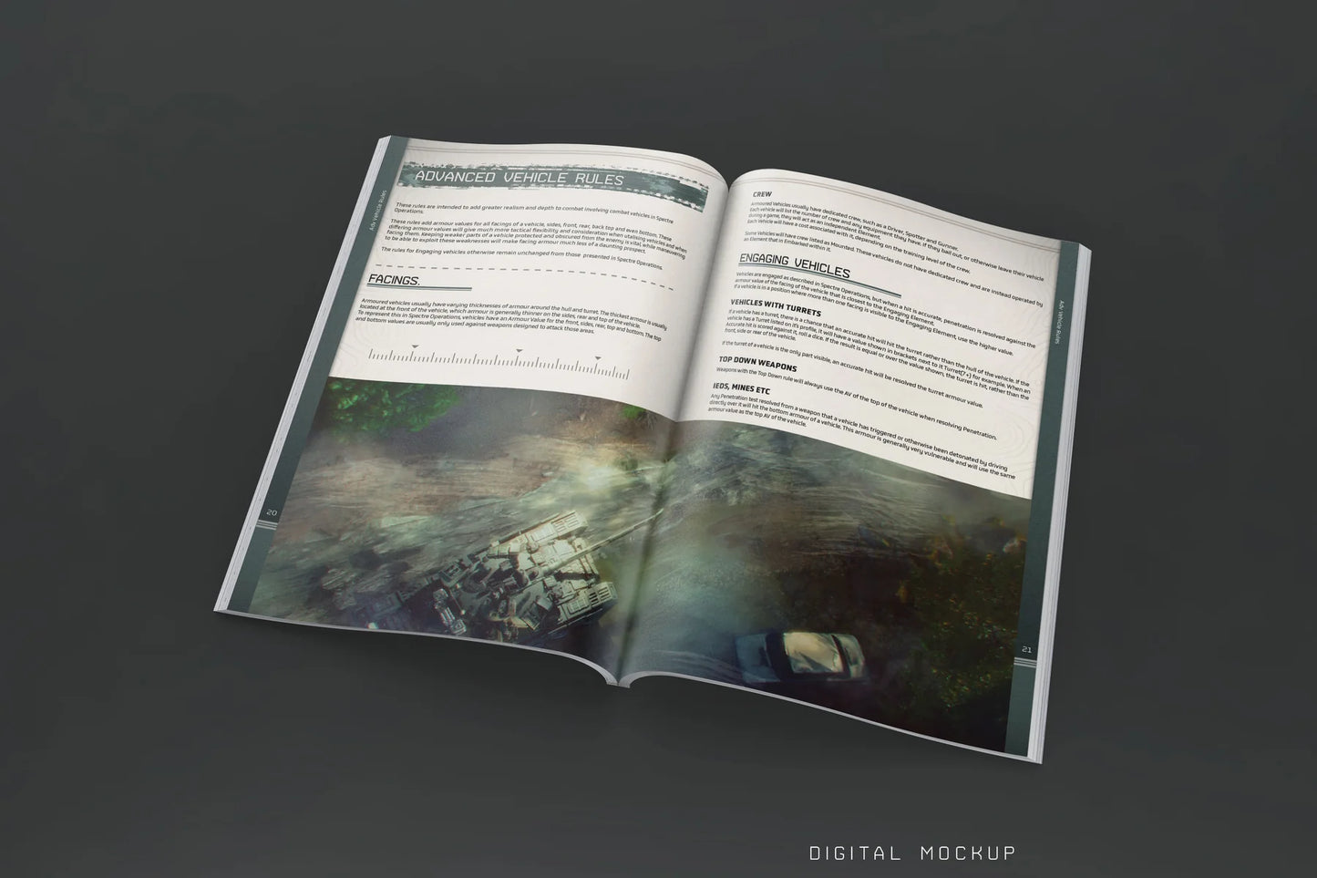 Spectre Operations Frontlines Expansion Book – otwarta rozkładówka podręcznika na ciemnym tle: strona Advanced Vehicle Rules z sekcjami Facings, Crew, Engaging Vehicles, Vehicles with Turrets, Top Down Weapons, IEDs Mines Etc, tekst w dwóch kolumnach z panoramiczną ilustracją czołgu w terenie zurbanizowanym i dymem, Spectre Miniatures