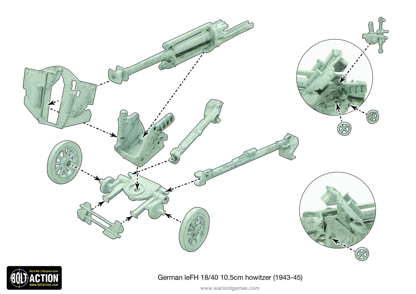 Waffen-SS 10.5cm LeFH 18/40 – diagram montażu haubicy 105mm: elementy lufy, koła, podstawa, opornik, metal Warlord Games 28mm