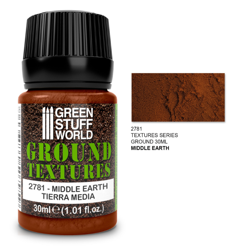 Green Stuff World Ground Textures 2781 Middle Earth – słoiczek 30ml akrylowej pasty teksturowanej w kolorze średniej brązowej ziemi z próbką faktury, seria Ground Textures, Green Stuff World