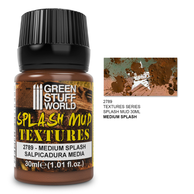 Green Stuff World Splash Mud Textures 2789 Medium Splash – słoiczek 30ml matowej akrylowej pasty do efektów rozbryzgów błota w kolorze średniego brązu z próbką faktury rozbryzgów na szarym tle, seria Splash Mud Textures, Green Stuff World