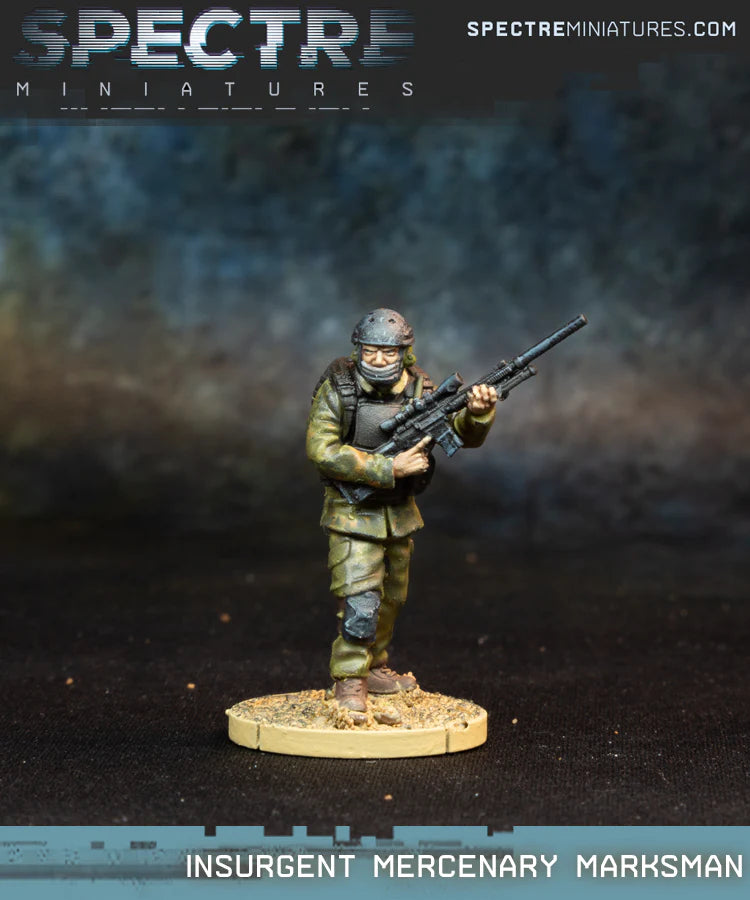 Insurgent Mercenary Marksman Spectre Miniatures – najemny strzelec wyborowy z karabinem M110 w kamuflażu, 28mm widok z przodu