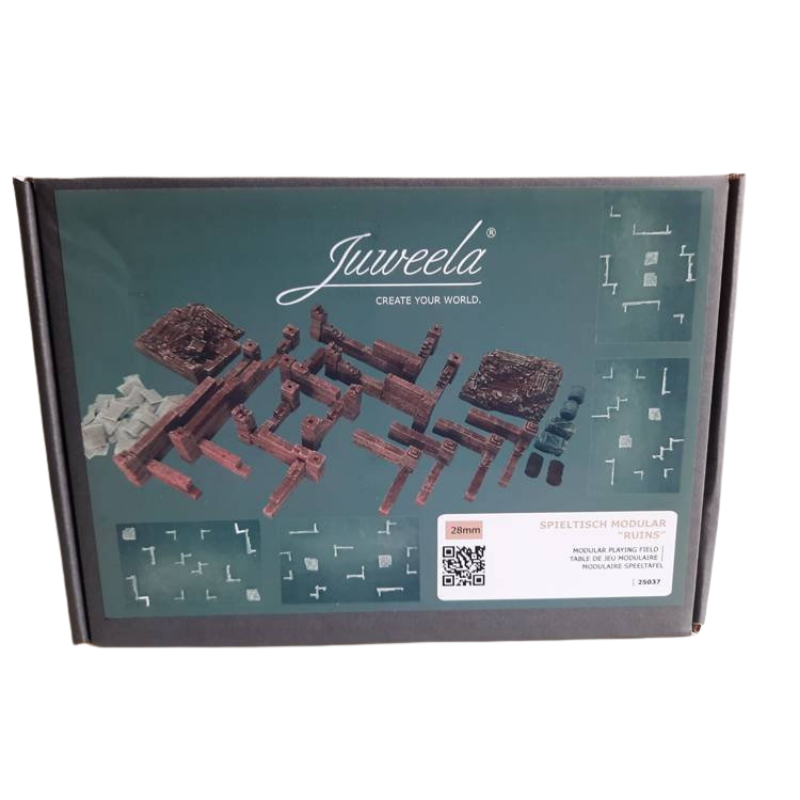 Juweela 25037 Modular Playing Table Ruins 28mm - pudełko zestawu modułowych ruin z elementami widok izometryczny ciemne tło
