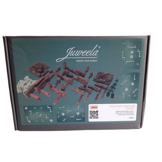Juweela 25037 Modular Playing Table Ruins 28mm - pudełko zestawu modułowych ruin z elementami widok izometryczny ciemne tło