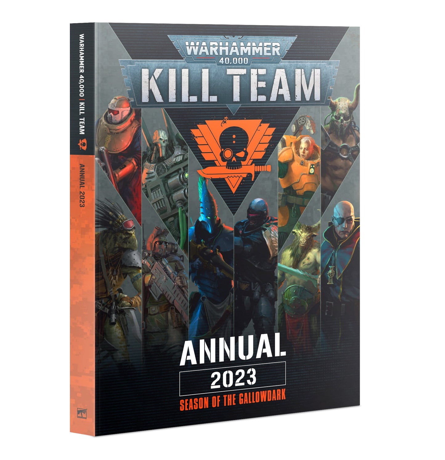Kill Team Annual 2023 Season of the Gallowdark - okładka książki 296-stronicowej z dziewięcioma operatywami różnych frakcji na tle pomarańczowego trójkąta z czaszką i nożem na szarym tle, napis Warhammer 40000 Kill Team Annual 2023 Season of the Gallowdark, pomarańczowy grzbiet z napisem Annual 2023