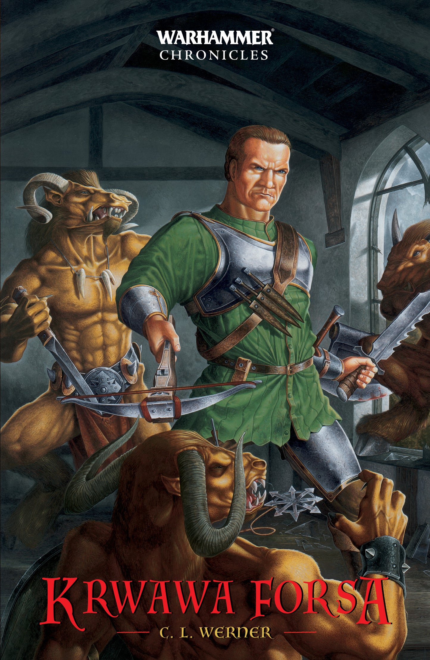 Krwawa Forsa – okładka 2D powieści Warhammer Chronicles, C. L. Werner, Łowca Nagród Brunner Tom I, Brunner z kuszą i mieczem wśród Skavenich