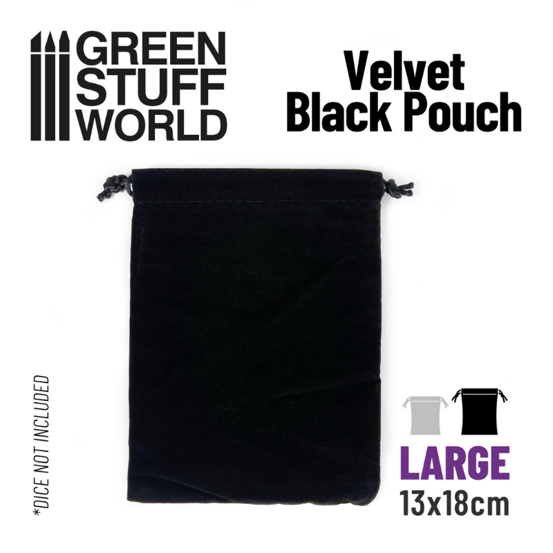 LARGE Velvet Black Pouch with Drawstrings Green Stuff World – duży czarny aksamitny woreczek 13x18cm, widok produktu z przodu