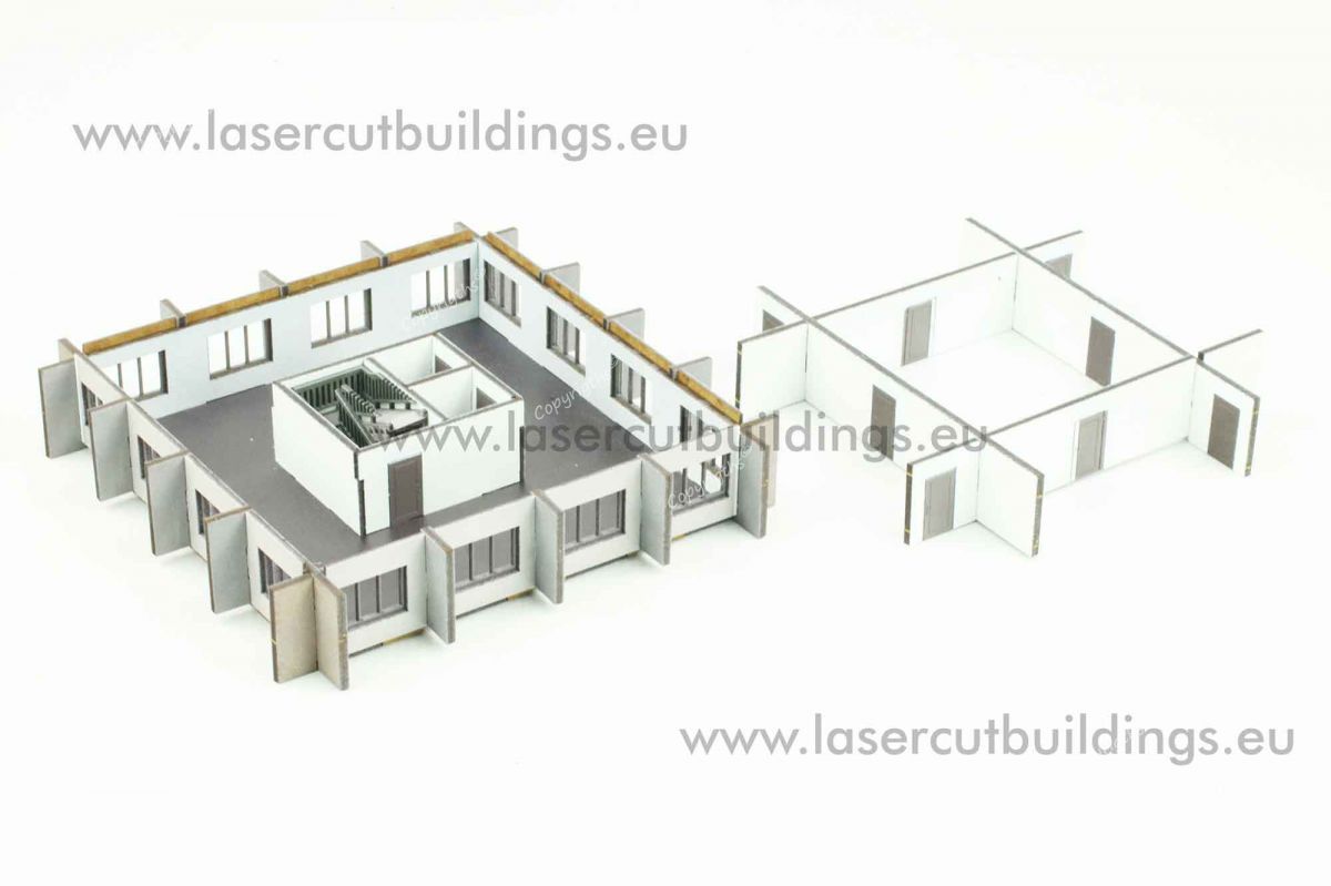 Budynek biurowy II LBHP0356 – widok izometryczny na parter z otwartymi ścianami zewnętrznymi i oddzielone piętro obok, 28mm Laser Cut Buildings