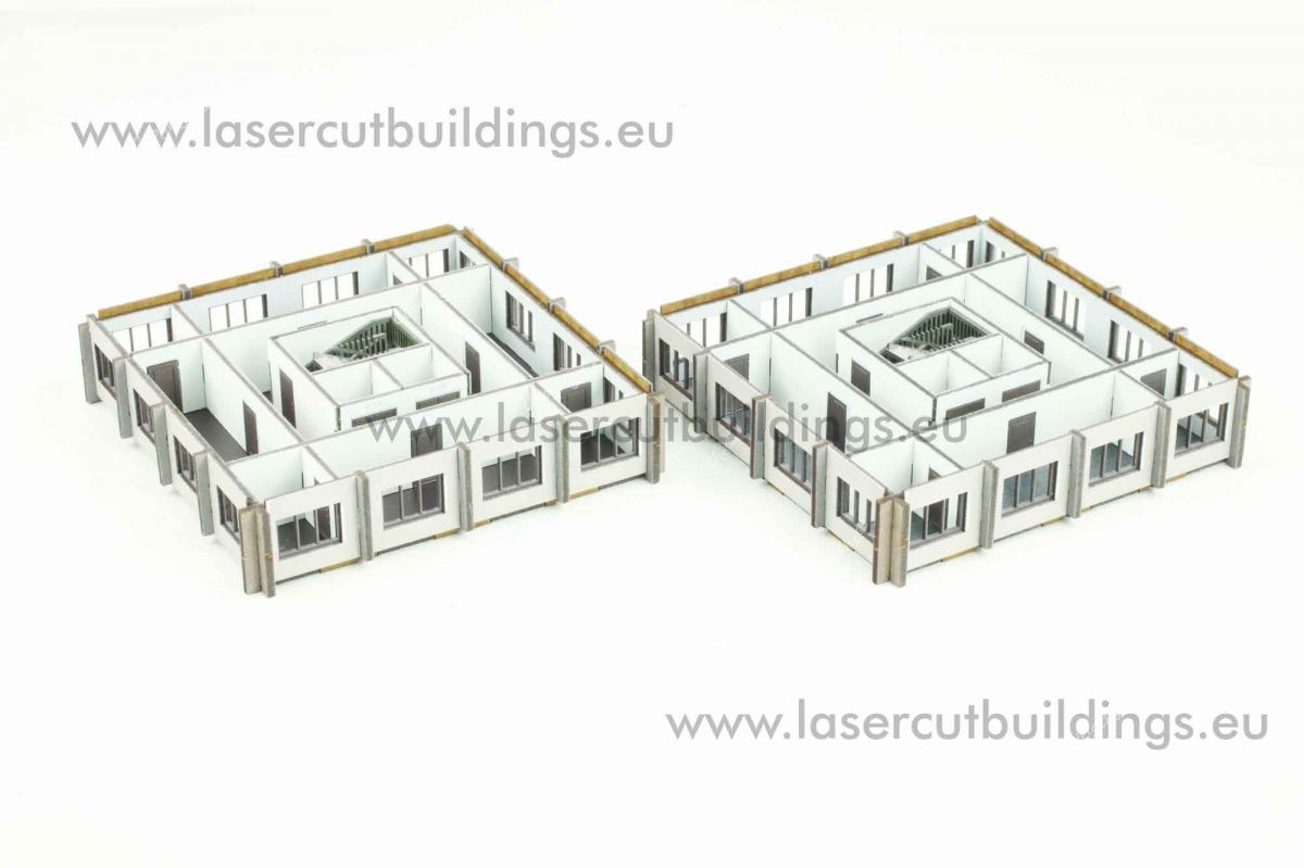 Biurowiec II LBHP0358 – porównanie dwóch zestawów dodatkowych pięter obok siebie, widok izometryczny, prepainted, 28mm Laser Cut Buildings