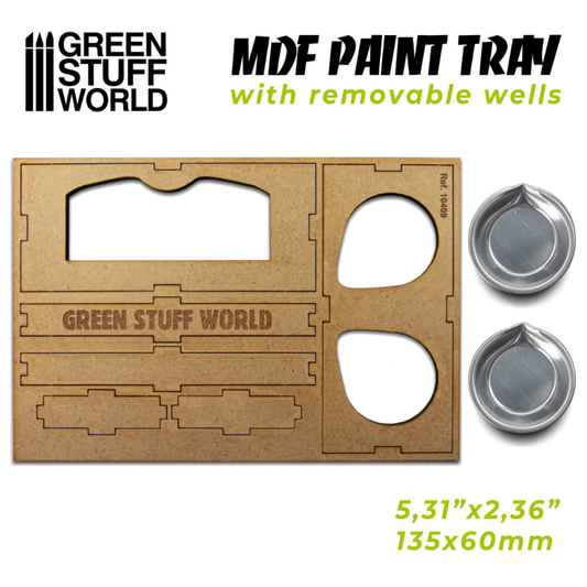 MDF Paint Tray Green Stuff World ref. 10409 – rozłożone elementy: płyta MDF i dwie miseczki aluminiowe Ø60mm, wymiary 135x60mm