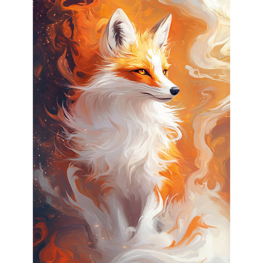 Spojrzenie Żaru ME1189e - wzór referencyjny malowanie po numerach 30x40 cm biało-złoty lis bursztynowe oczy płomienie fantasy anime - Värvikas Premium