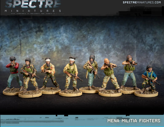 MENA Militia Fighters Spectre Miniatures – 8 figurek bojowników w mieszanych strojach cywilno-wojskowych z AK47, 28mm widok z przodu