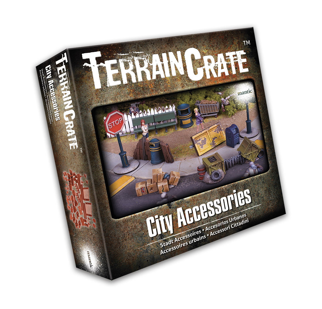 Terrain Crate City Accessories pudełko Mantic Games MGTC197 – 48 elementów terenu miejskiego 28mm