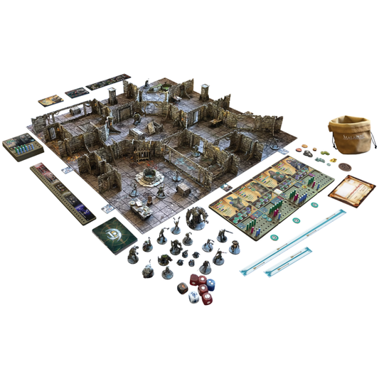 Maladum Dungeons of Enveron – rozłożona gra: arena 3D z figurkami, plansze, kości, żetony i woreczek