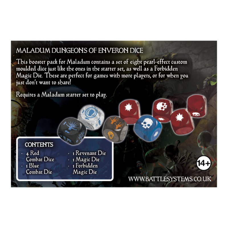 Maladum Dungeons of Enveron Dice – tył pudełka z listą zawartości: 4 Red Combat Dice, 1 Blue Combat Die, 1 Revenant Die, 1 Magic Die, 1 Forbidden Magic Die, Battle Systems