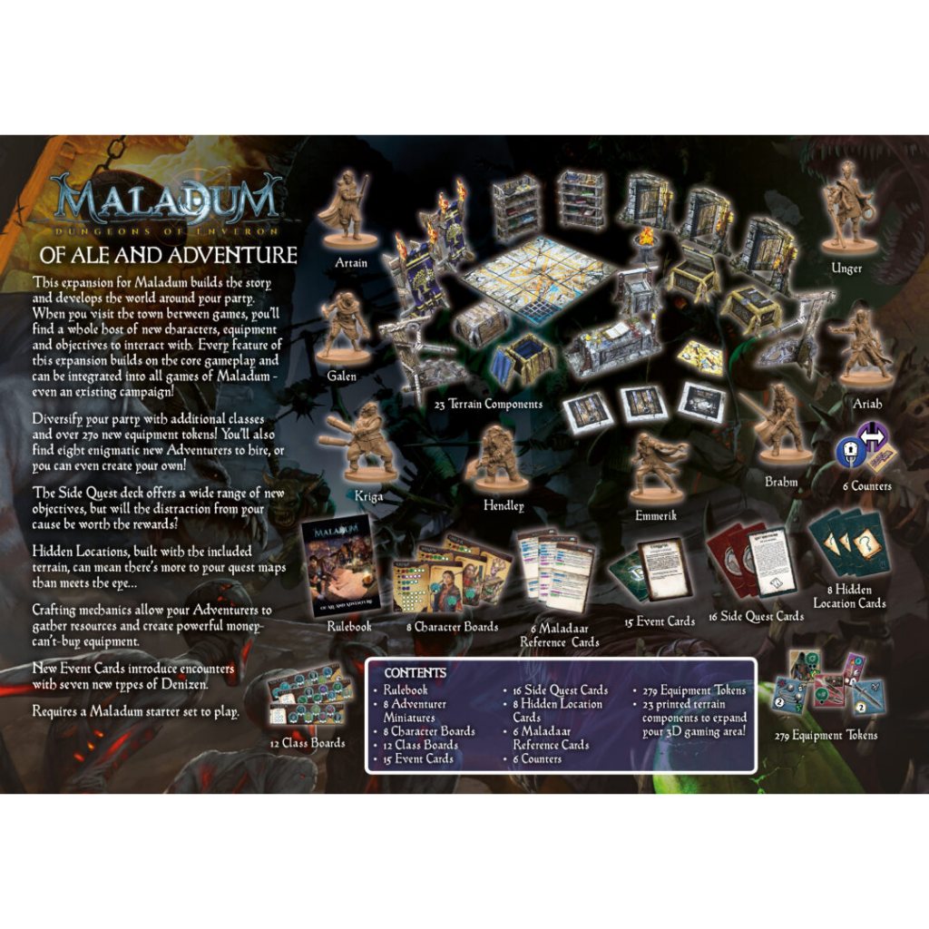 Maladum Of Ale and Adventure – pełna zawartość zestawu: 8 figurek, 23 elementy terenu, plansze, karty, żetony i księga zasad