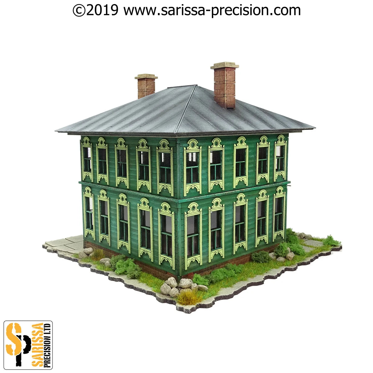 Russian Townhouse #1 N166 – widok izometryczny z tyłu z podstawą: narożny 2-piętrowy dom na szarej kamiennej podstawie z trawą, krzewami i kamieniami, 28mm Sarissa Precision