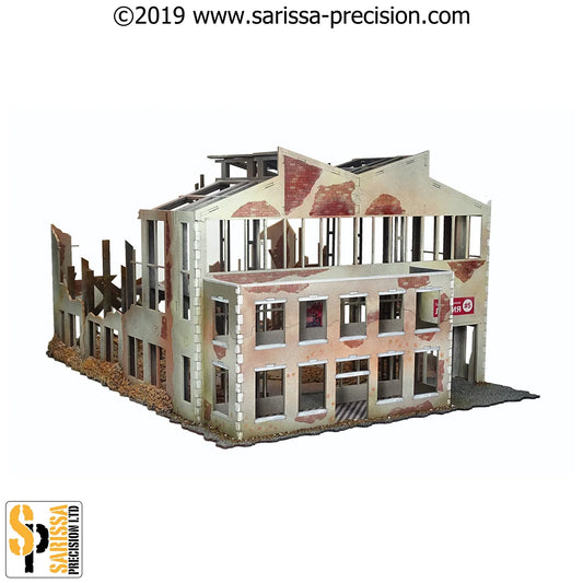 Stalingrad Scenery Set N178 28mm MDF - Zestaw Scenerii Stalingrad - pomalowana fabryka N176 widok frontu z szyldami Sarissa Precision