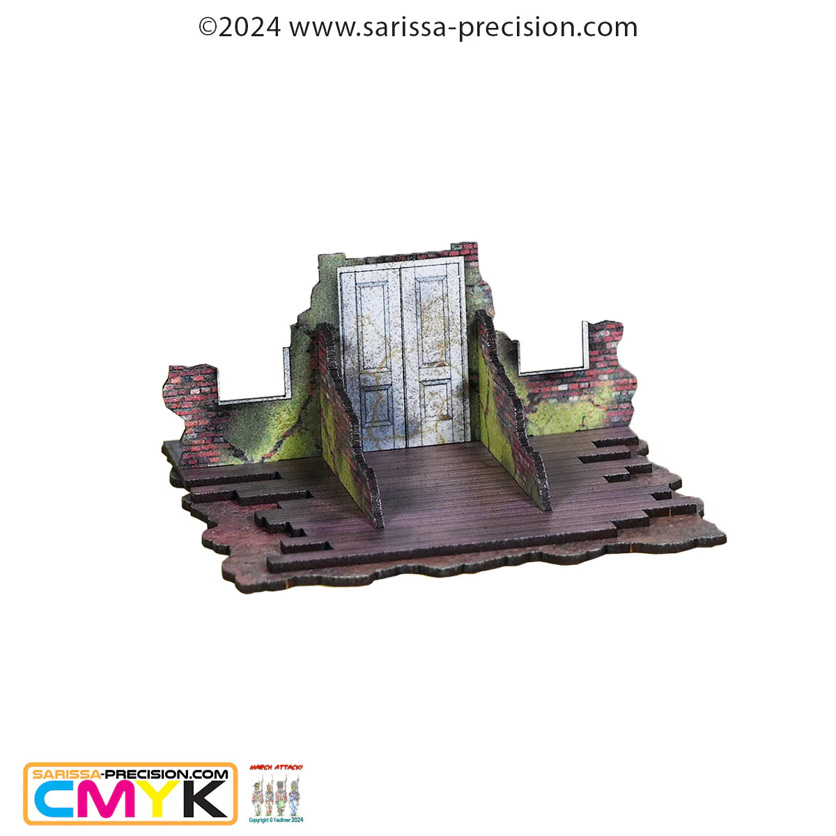 Destroyed City Ground Floors N465C – widok izometryczny z tyłu na narożną sekcję: zielone ściany z mchem i pęknięciami, drewniana podłoga, kolorowy nadruk CMYK, 28mm Sarissa Precision