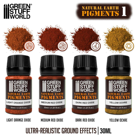 Natural Earth Pigments Set 30ml Nr 1 11281 – Green Stuff World – 4 kolory: Light Orange Oxide, Medium Red Oxide, Dark Red Oxide, Yellow Ochre