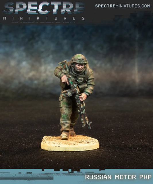Russian Motor PKP Spectre Miniatures – żołnierz Ratnik z karabinem maszynowym PKP w pozycji bojowej, 28mm widok z przodu