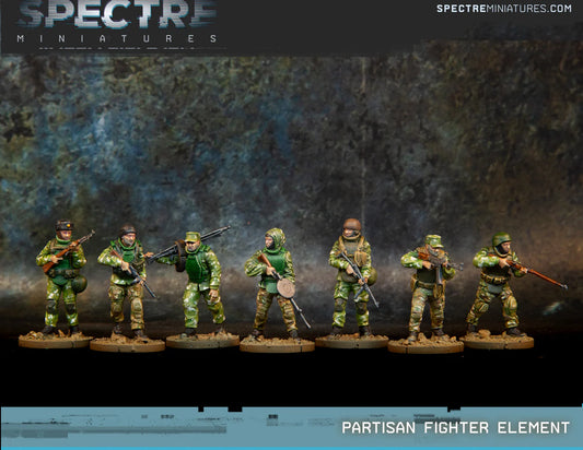 Partisan Fighter Element Spectre Miniatures – 7 figurek partyzantów w kamuflażu z bronią radziecką i niemiecką PPS-43 PPSh SKS Mosin DP-27 StG-44 MG42, 28mm widok z przodu