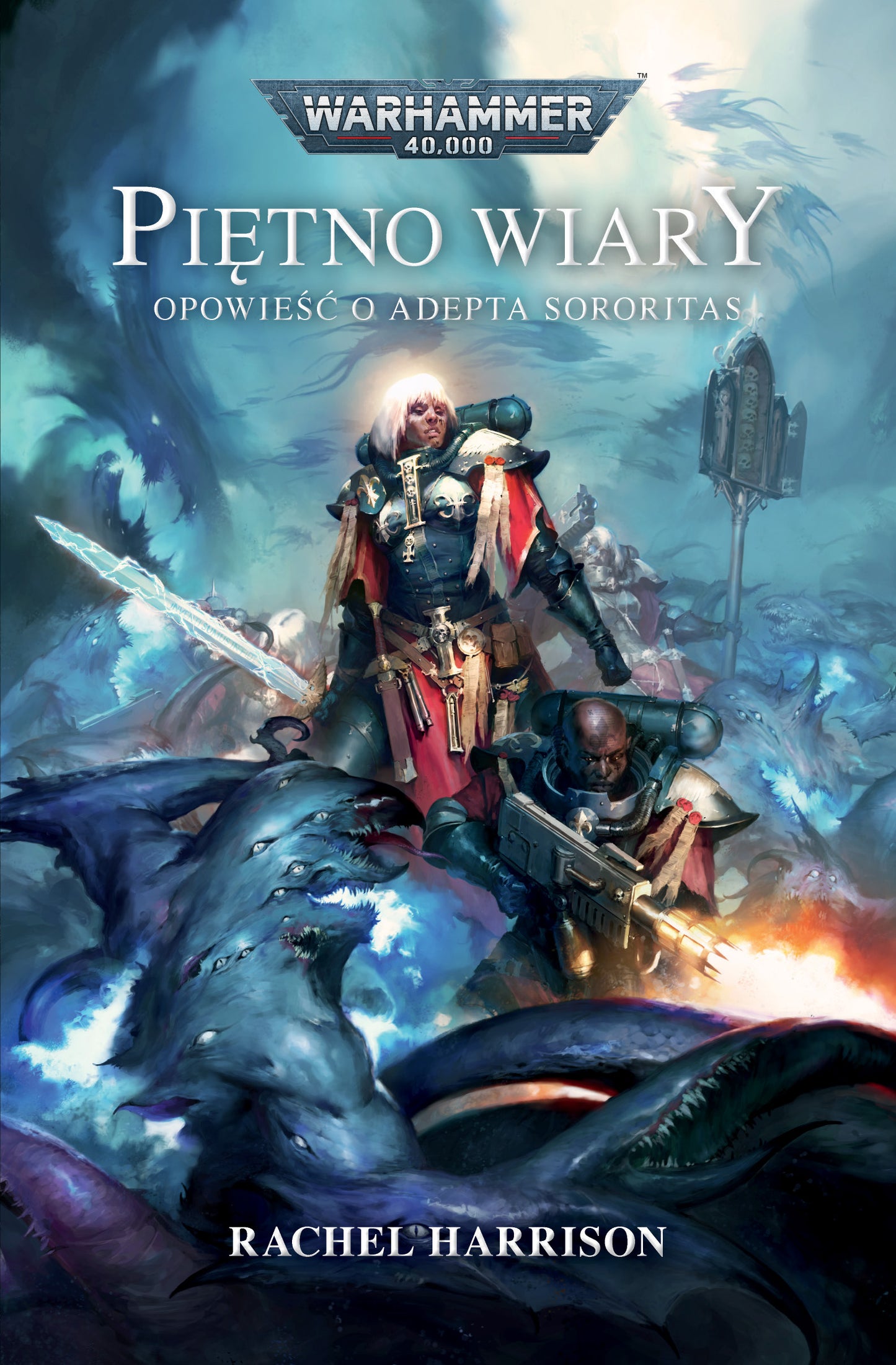 Piętno Wiary – Rachel Harrison, Warhammer 40,000, Siostra Evangeline w czarnej zbroi z mieczem energetycznym
