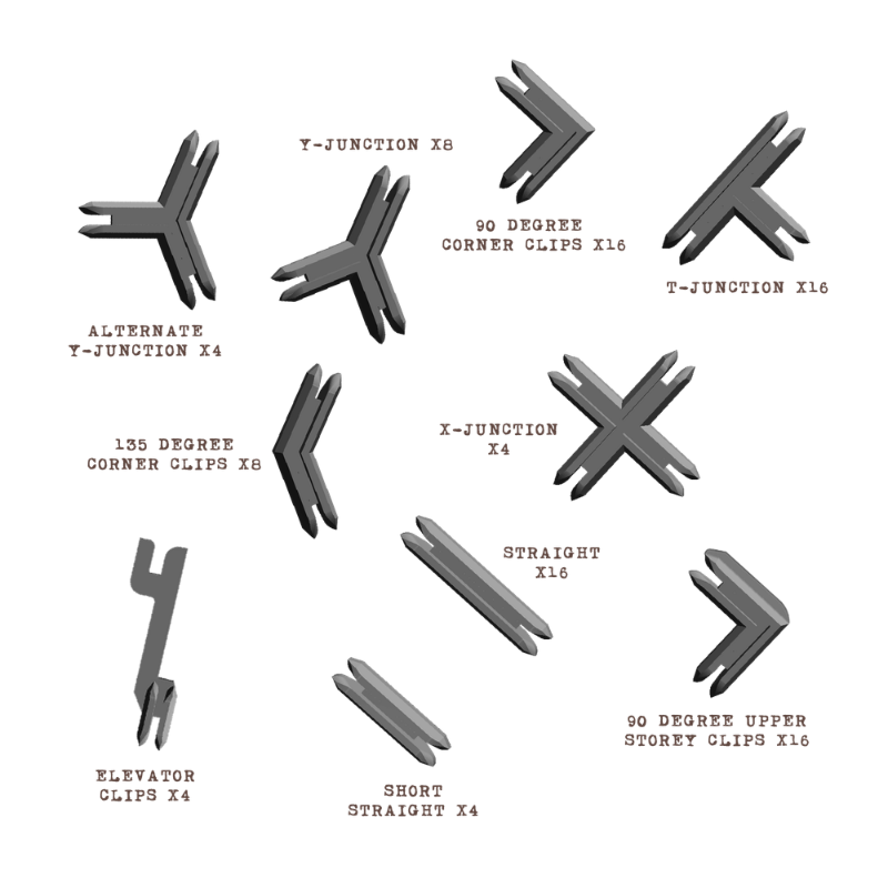 Plastic Terrain Clips Grey BSTXX019 Battle Systems - diagram 10 typów szarych klamr plastikowych z opisami widok izometryczny białe tło