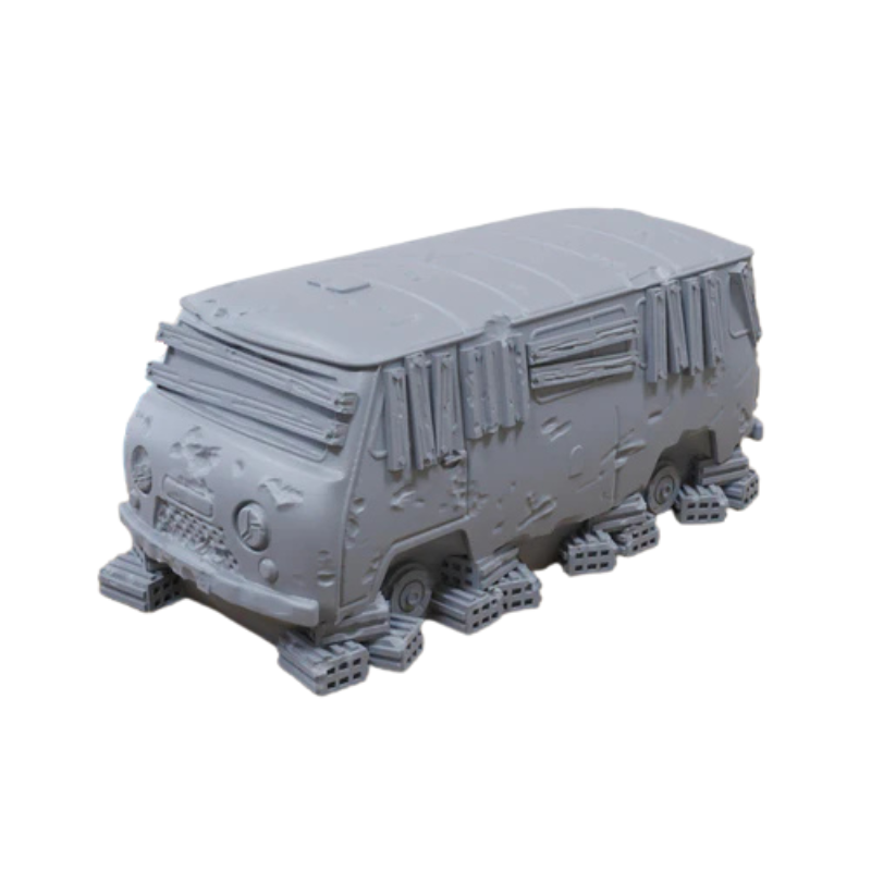 Wrecked Soviet Van – porzucony radziecki bus Bukhanka bez kół, oparty na cegłach, 28mm Patrick Miniatures