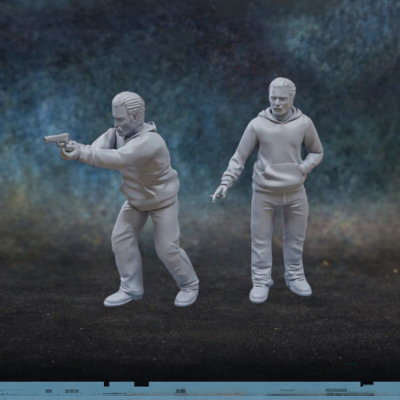 Covert-Ops – 2 figurki agentów pod przykryciem z pistoletem i w bluzie z kapturem w skali 28mm, żywica, druk 3D, Patrick Miniatures