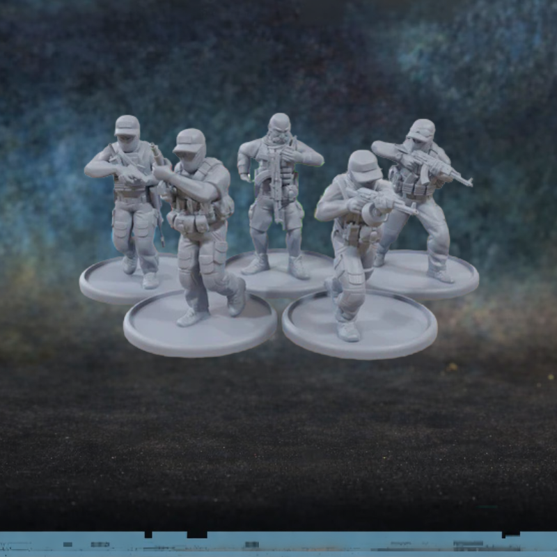 PMC Squad Patrick Miniatures TurnBase Miniatures – 5 figurek prywatnych kontraktorów wojskowych w pełnym rynsztunku taktycznym z karabinkami i hełmami z osłoną twarzy, druk 3D żywica 28mm widok z przodu