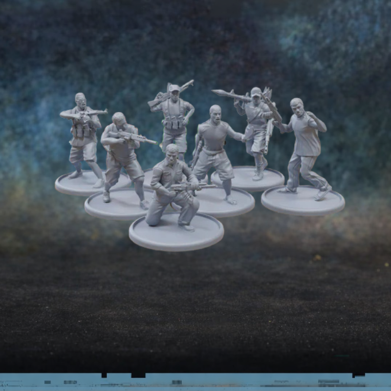 African Rebels Patrick Miniatures TurnBase Miniatures – 7 figurek afrykańskich rebeliantów w cywilnych ubraniach z AK, wyrzutnikiem RPG i maczetą, druk 3D żywica 28mm widok z przodu
