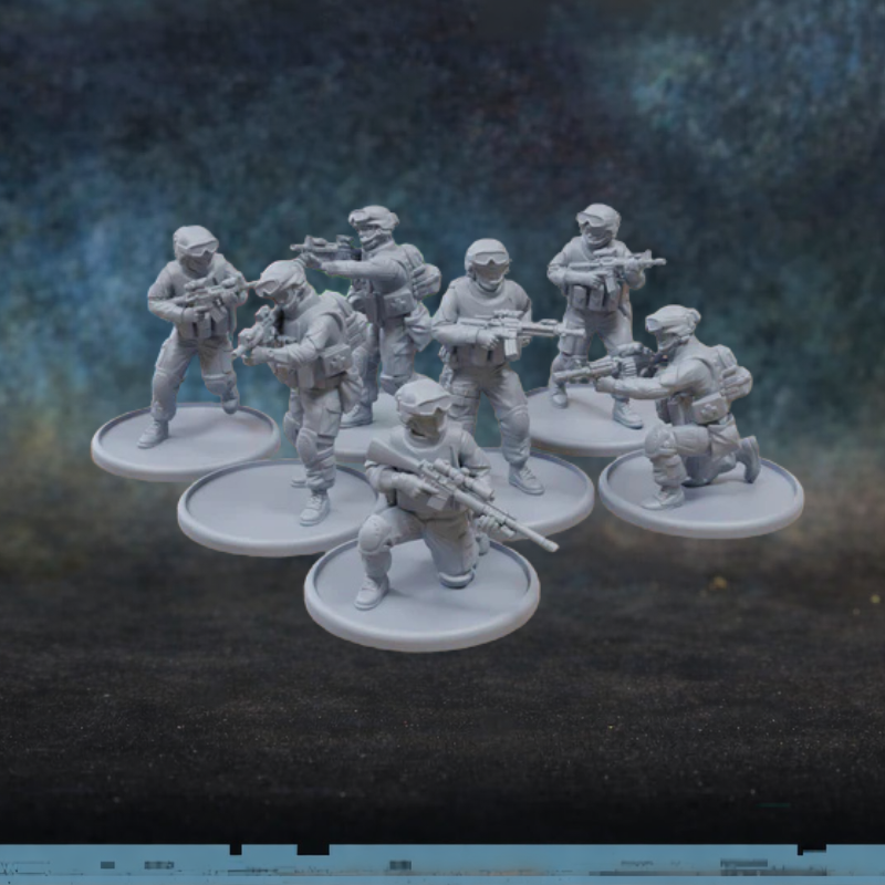 US Airborne Modern Patrick Miniatures TurnBase Miniatures – 8 figurek nowoczesnych żołnierzy US Airborne w pełnym rynsztunku z karabinkami M4, snajperką i karabinem maszynowym, druk 3D żywica 28mm widok z przodu